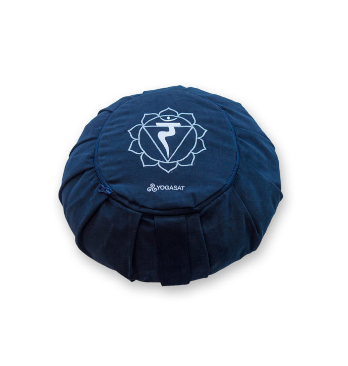 Pernă rotundă YogaSat cu hrișcă, bleumarin cu broderie Manipura Chakra, premium quality Pernă rotundă YogaSat cu hrișcă, bleumarin cu broderie Manipura Chakra, premium quality