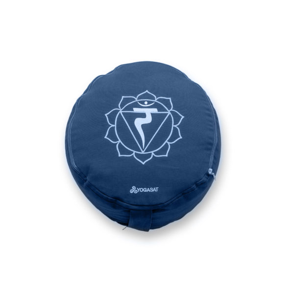 Pernă rotundă YogaSat cu hrișcă, bleumarin cu broderie Manipura Chakra, premium quality - Image 3