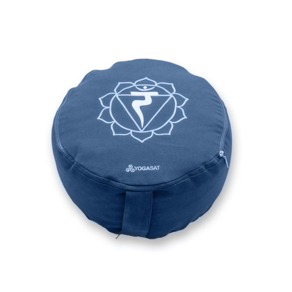 Pernă rotundă YogaSat cu hrișcă, bleumarin cu broderie Manipura Chakra, premium quality